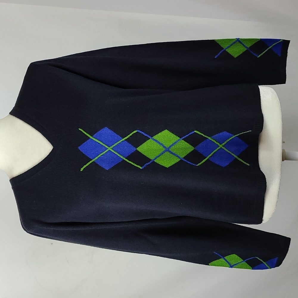 Evan Picone Black V-Neck Sweater with Blue and Green Argyle
